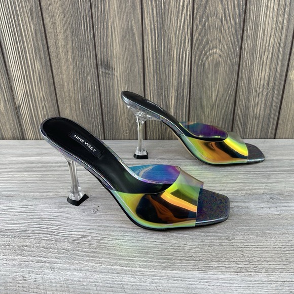 Nine West Shoes - Nine West Holographic Clear Heel Mule Sandals Square Toe Rainbow Women's Size:10